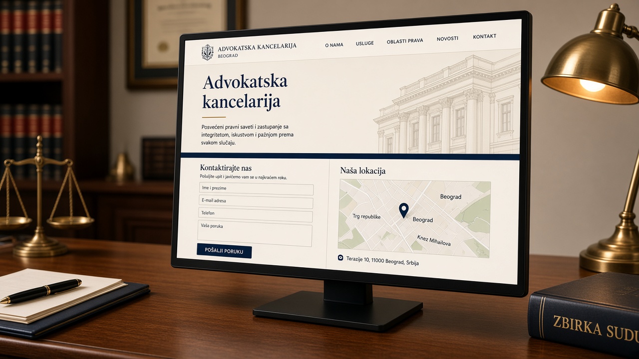 Web sajt advokatske kancelarije na monitoru, sa kontakt formom i mapom