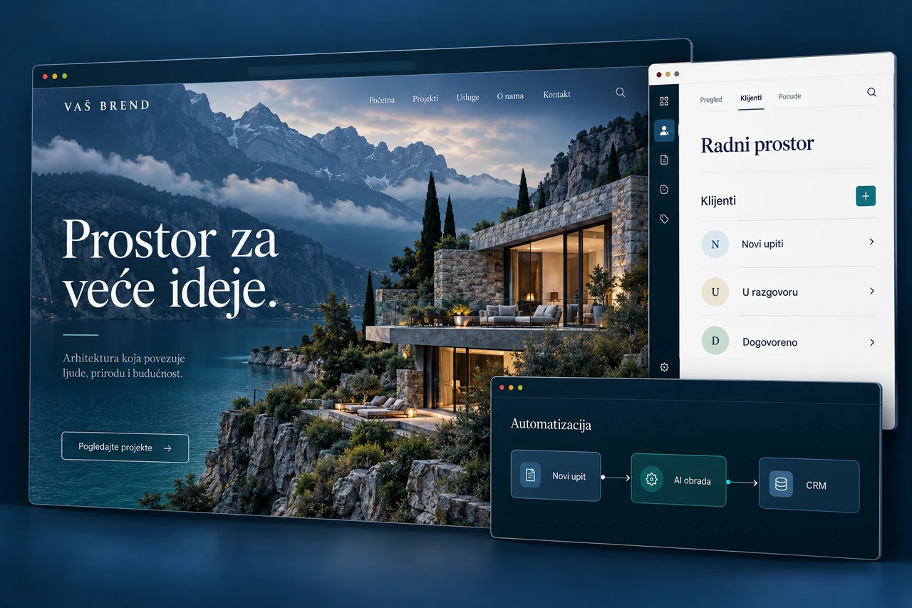 Profesionalni web sajt sa arhitektonskim projektom, CRM sistem i AI automatizacija
